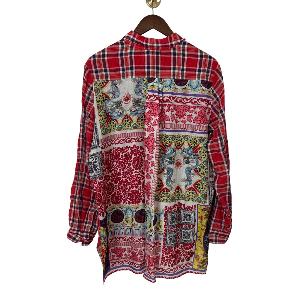 Johnny Was 3J‎ Workshop Button Down Red Blue Plaid Blouse Asian Dragon Size M